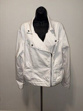 Vintage Jaclyn Smith White Denim Motorcycle Jacket Women XXL Double Breasted Zip
